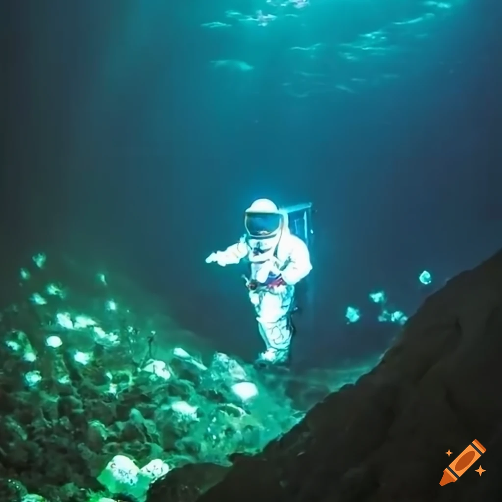 Astronaut in dark cave half submerged in lake with luminous mushrooms and rocks