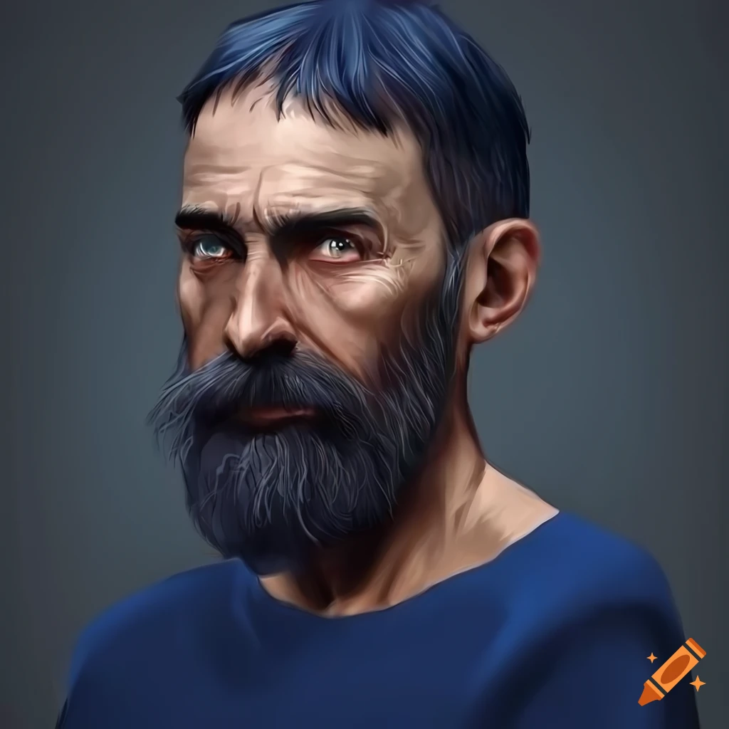 Detailed portrait of a 56 year old man with dark eyes, beard, and navy blue sweater