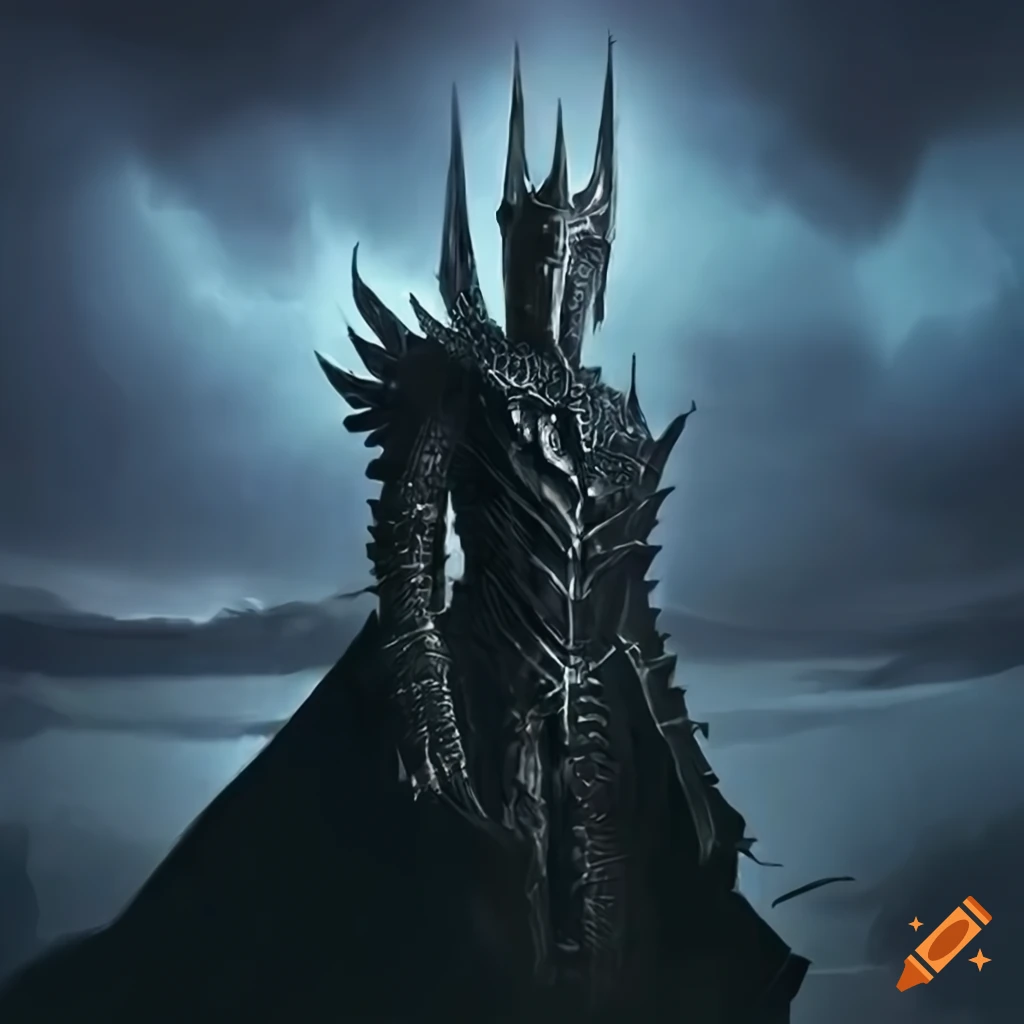 Powerful depiction of Sauron with One Ring glowing and a looming tower in the background