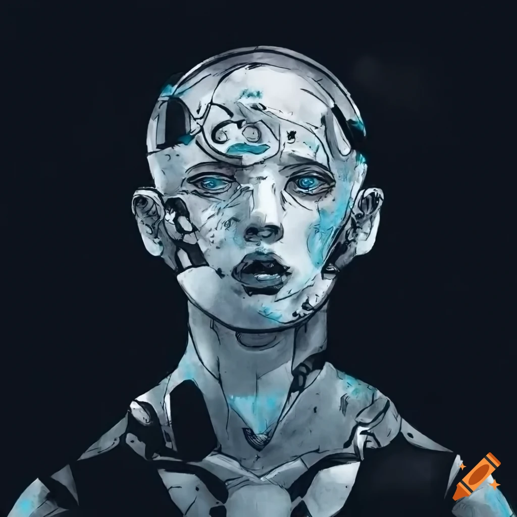 Black ink drawing of a young male cyborg in a high-tech white bodysuit with cyan hair