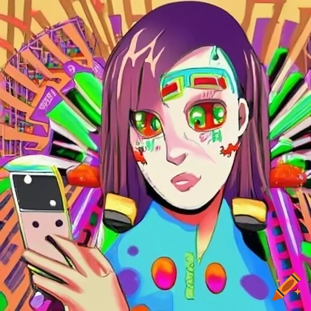 Anime girl with big eyes looking out of car window in colorful city with robots