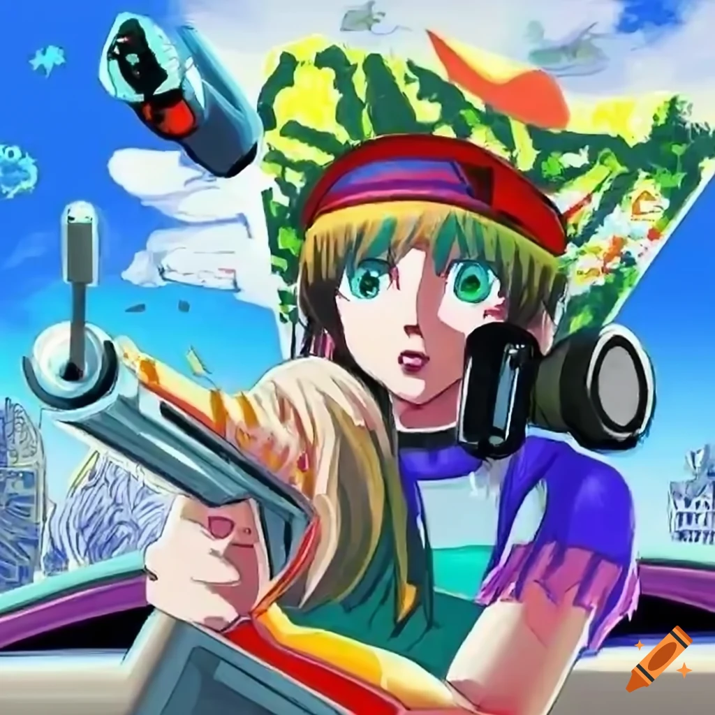 Anime girl with a large gun looking out of a car window in a colorful anime city with robots and aliens