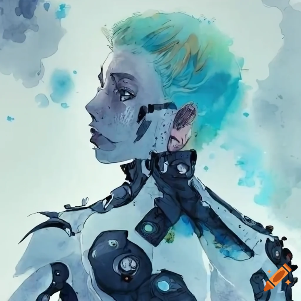 Young male cyborg in a futuristic white bodysuit with light cyan hair