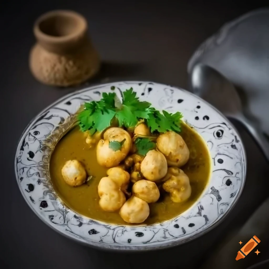 Indian style makhana curry with green coriander topping in a bowl on a restaurant table