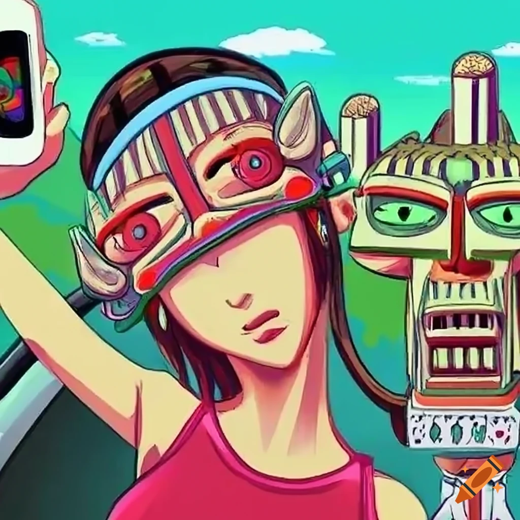 Anime girl with giant cellphone looking out of a car window in outsider art style