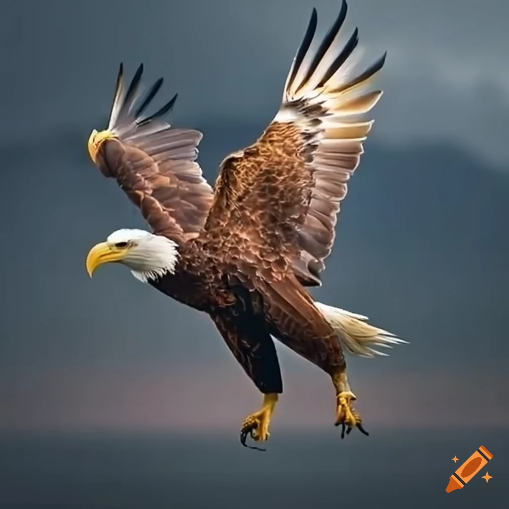 Bald eagle representing freedom over military battlefield