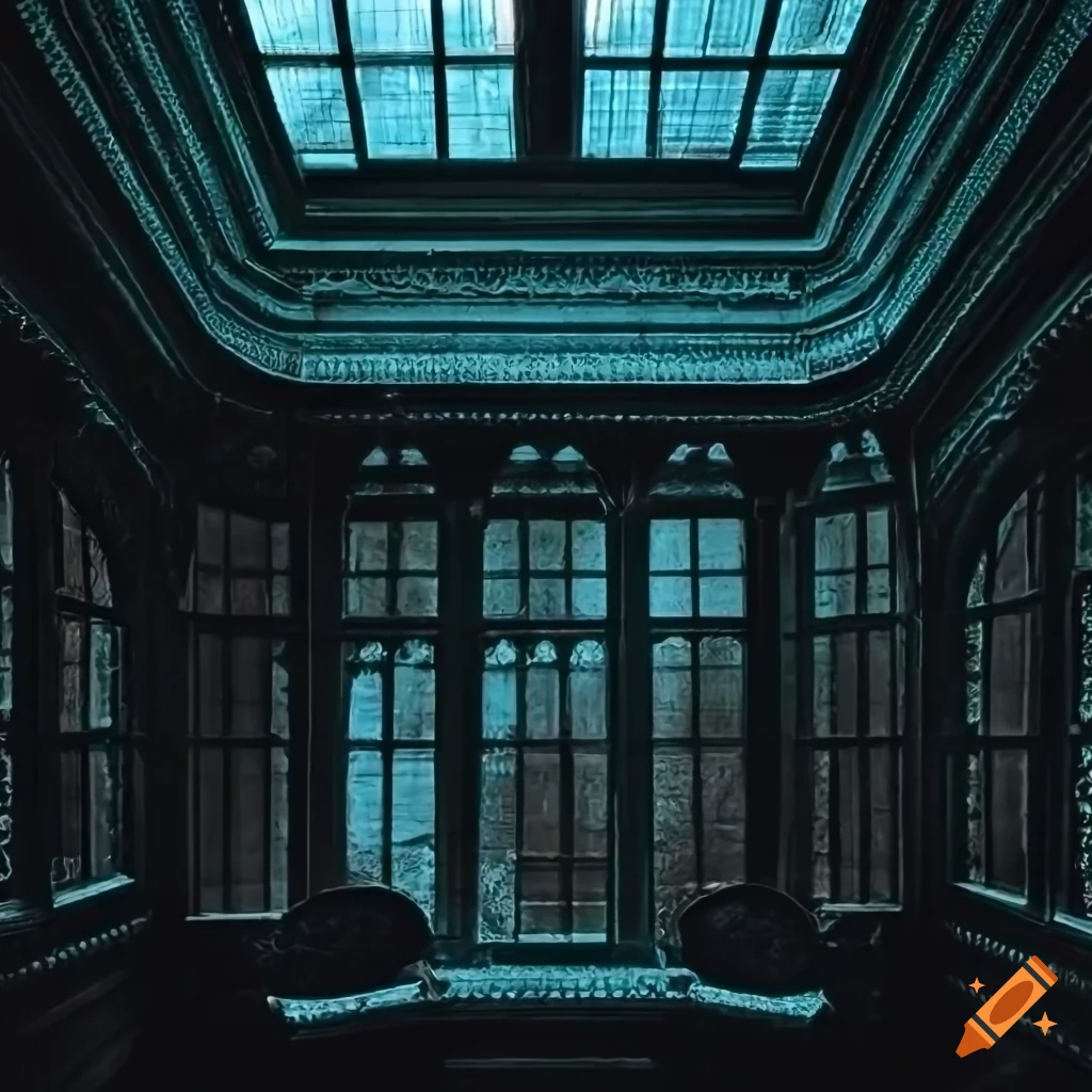 Interior conservatory in an old Victorian mansion at night with dark windows and lights off