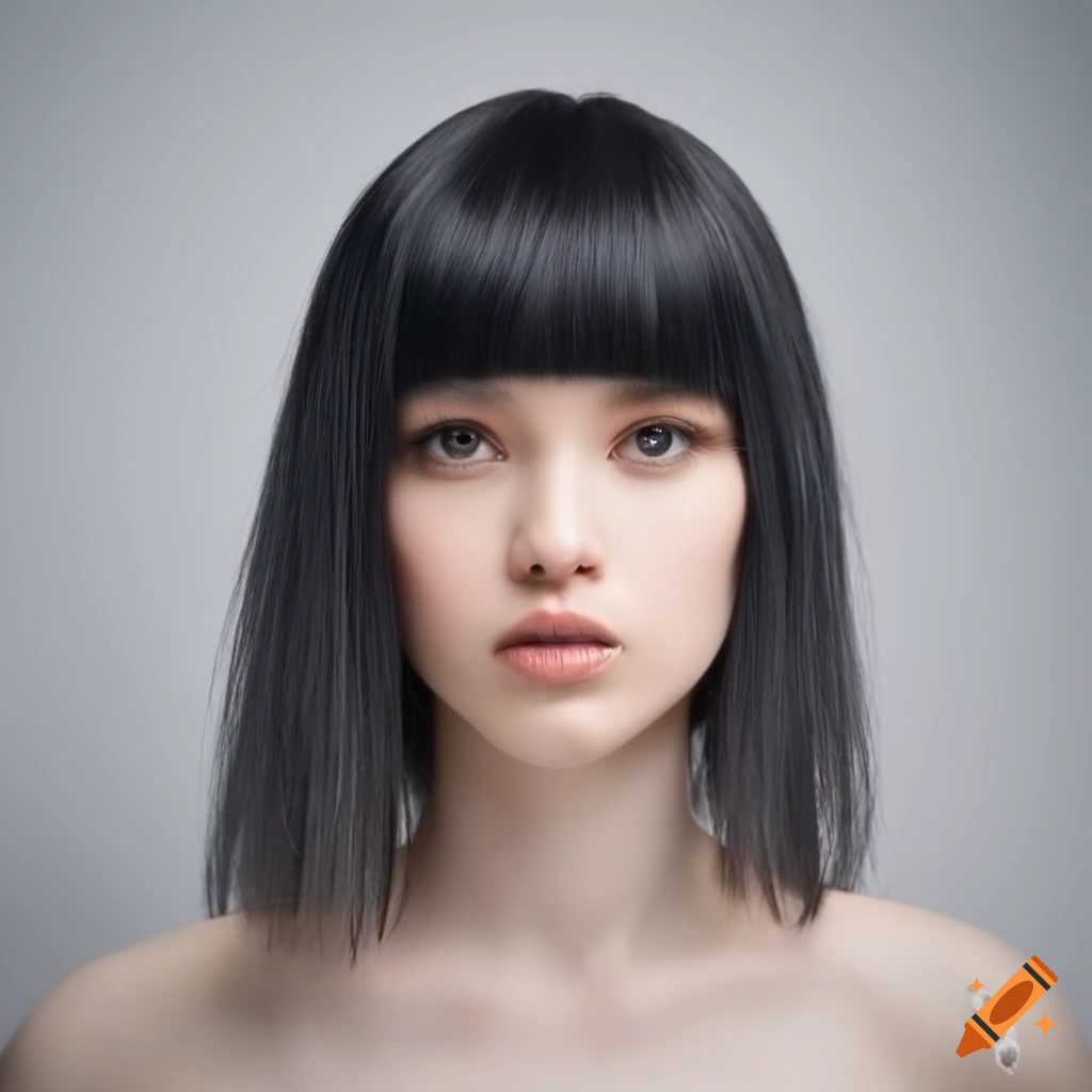 Person with blunt bangs and black hair on a white background