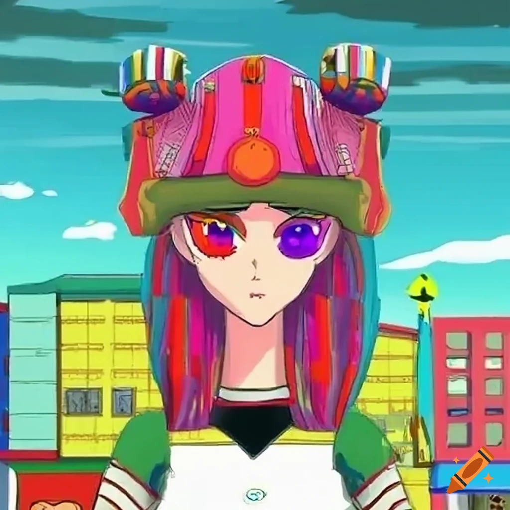 Anime girl looking out of a car window in outsider art style with African mask and tarot elements
