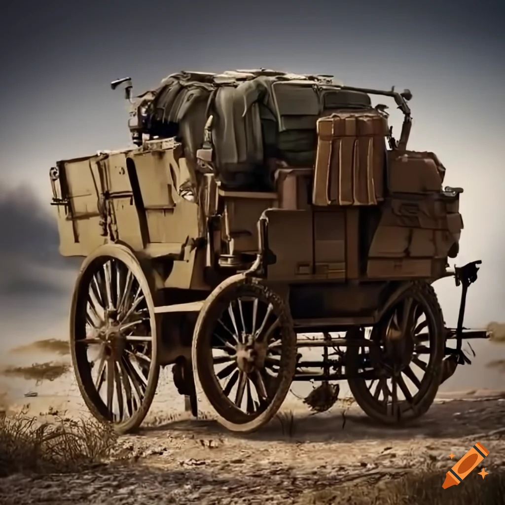 Defensive cart with surveillance cameras, reconnaissance drones, armed turrets, and bear traps