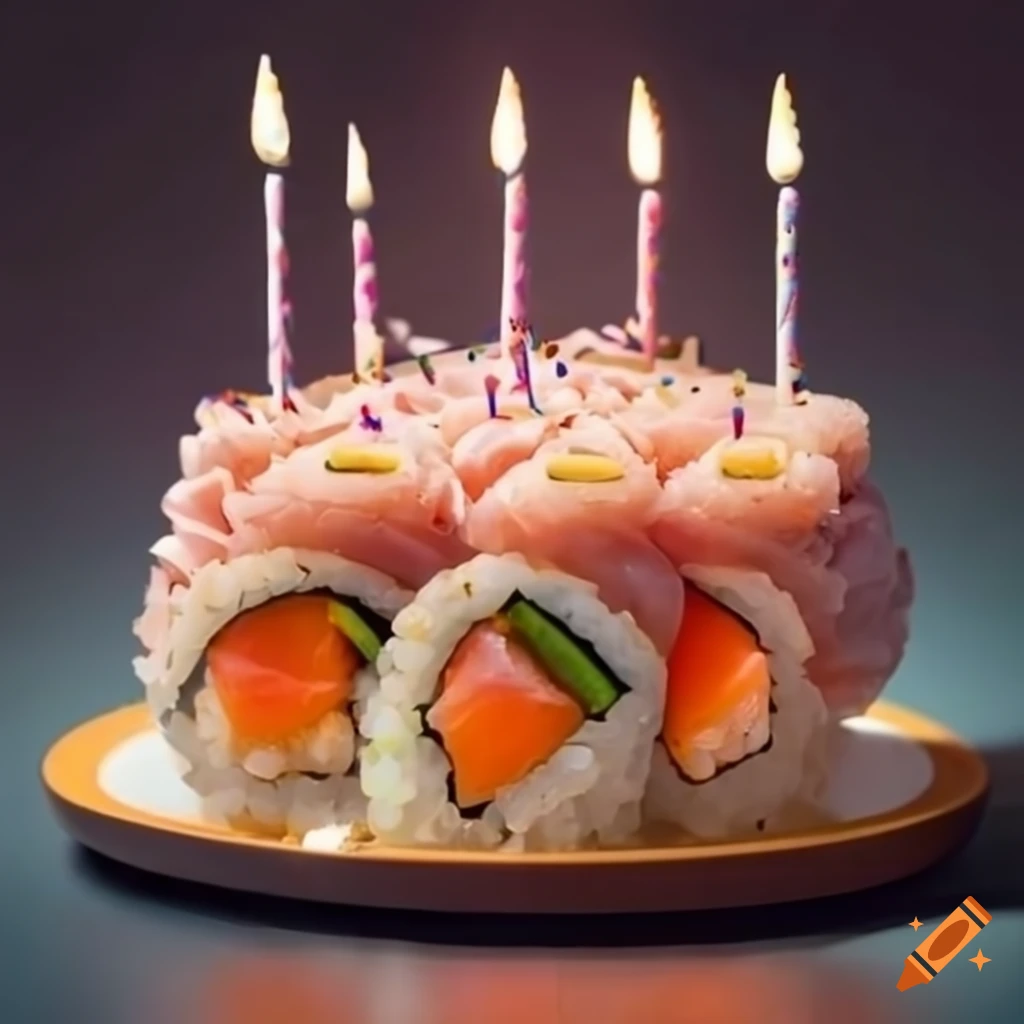 Intricate sushi dish arranged like a birthday cake with a 22-shaped candle