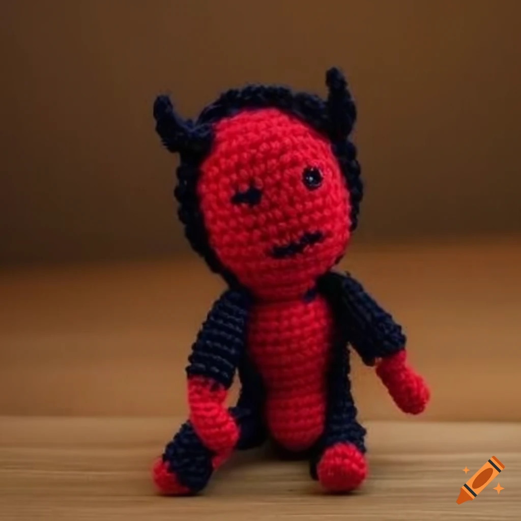Colorful crochet doll resembling a mischievous devil figure
