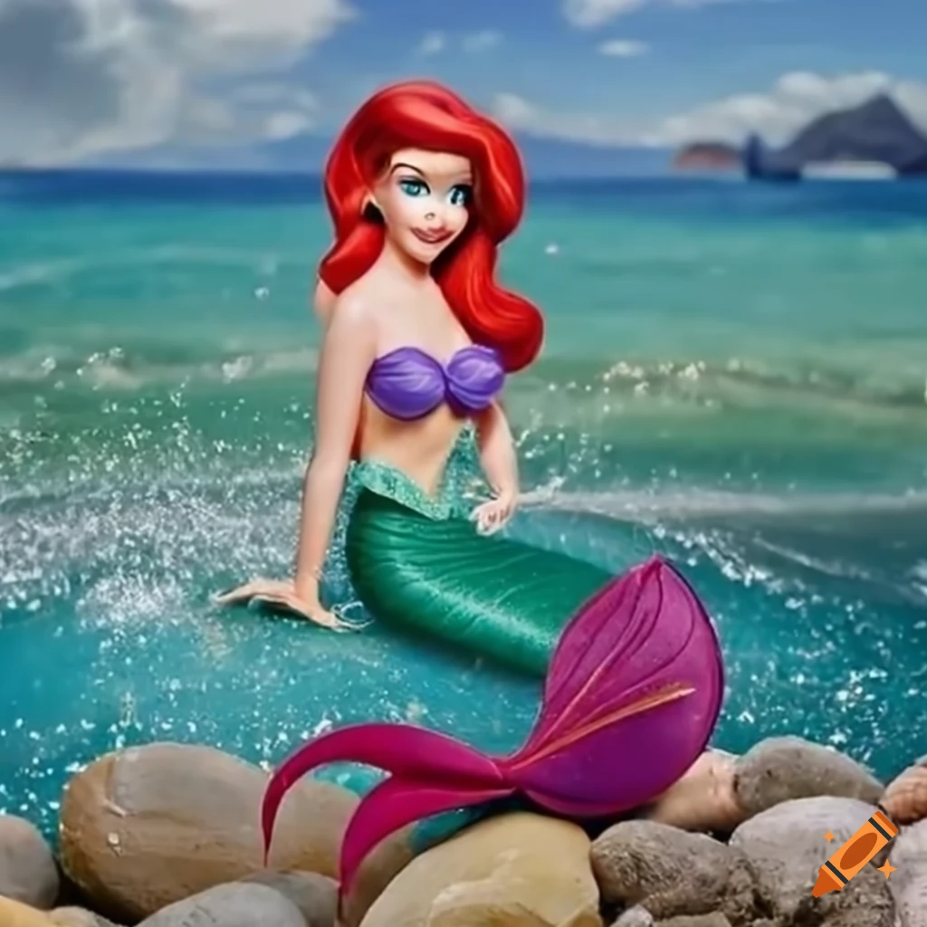Ariel the Little Mermaid sitting on a rocky beach in hyperrealistic detail