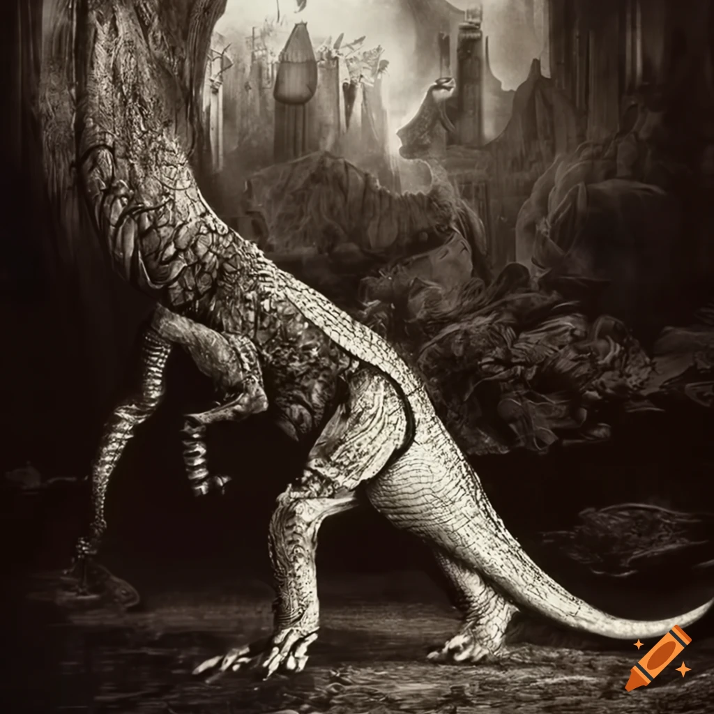Surreal mezzotint of a cyborg dinosaur and a lady in futuristic armor at a dystopian landscape