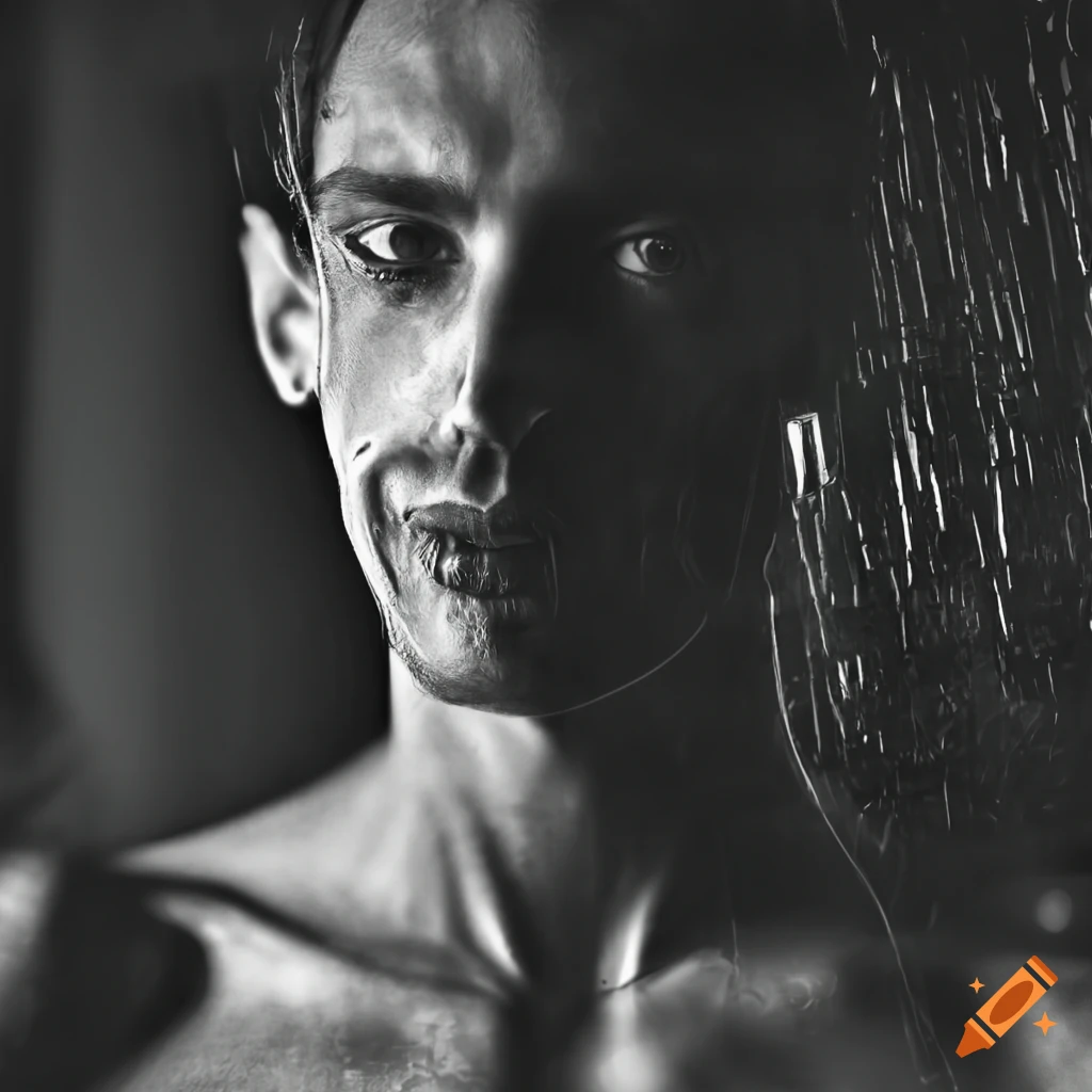PhotoRealistic black and white image of a male cyborg in the rain, film noir