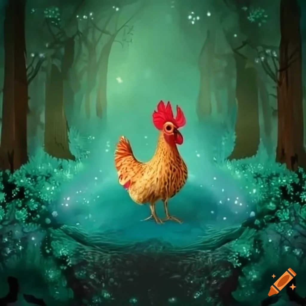 Cute hens in a magical forest