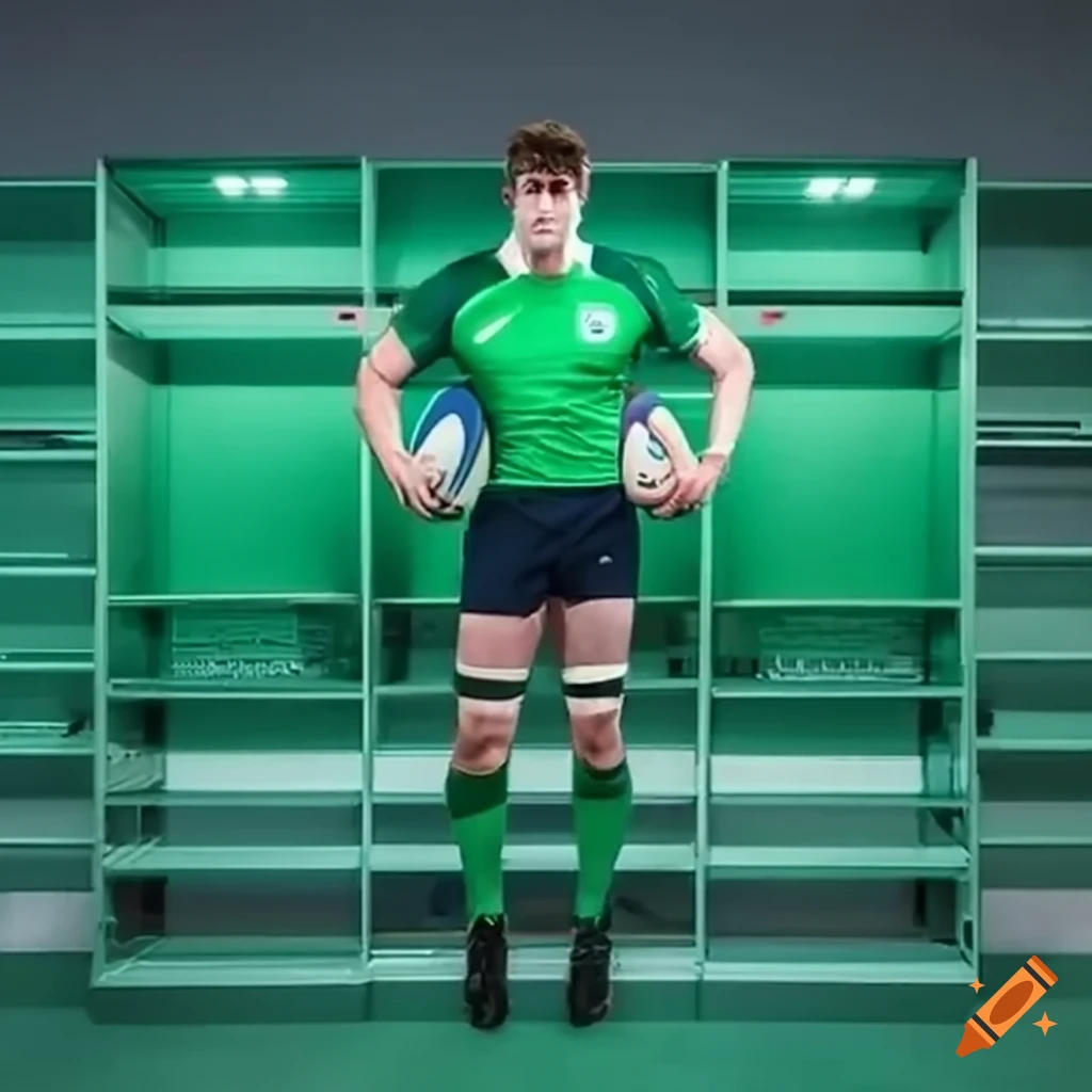 Male rugby player in green uniform in a locker room