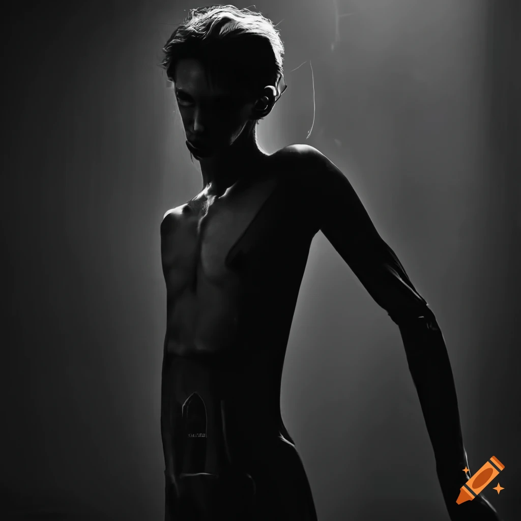 PhotoRealistic black and white image of a male cyborg in the rain, film noir
