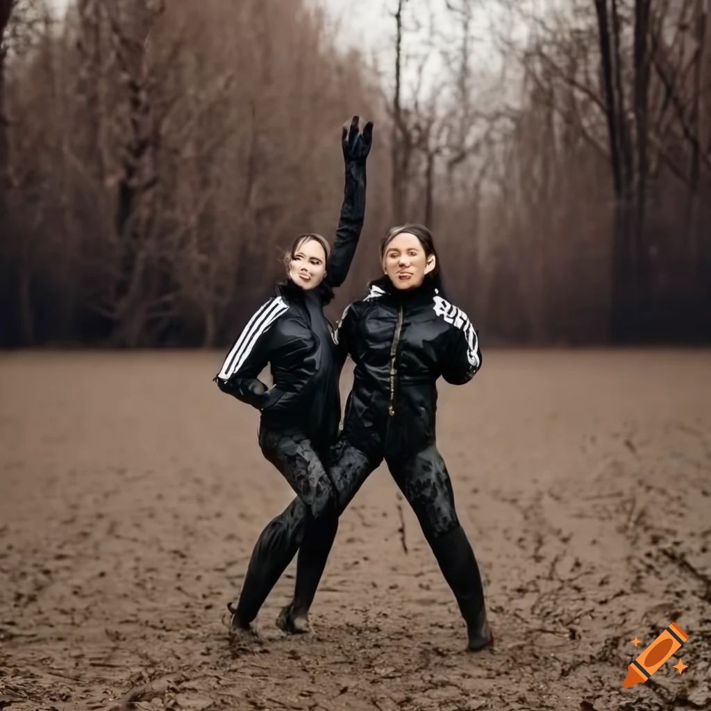 Two athletic women playing in a muddy field in black mud-covered tracksuits