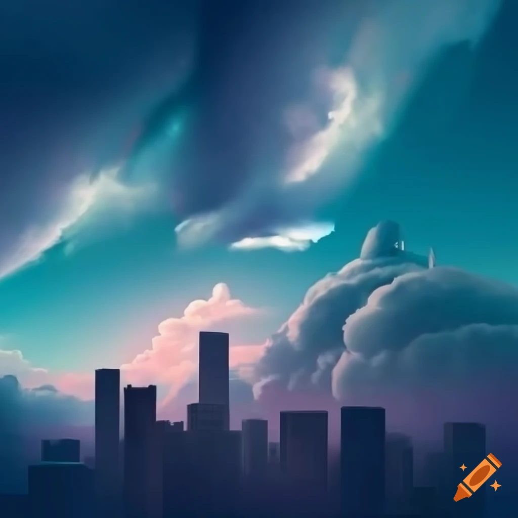 Cityscape with dreamy cloud formations on Craiyon