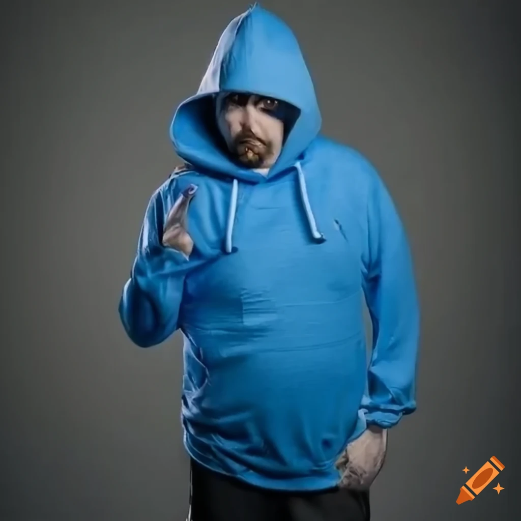 Uncanny figure resembling MrBeast in a blue hoodie