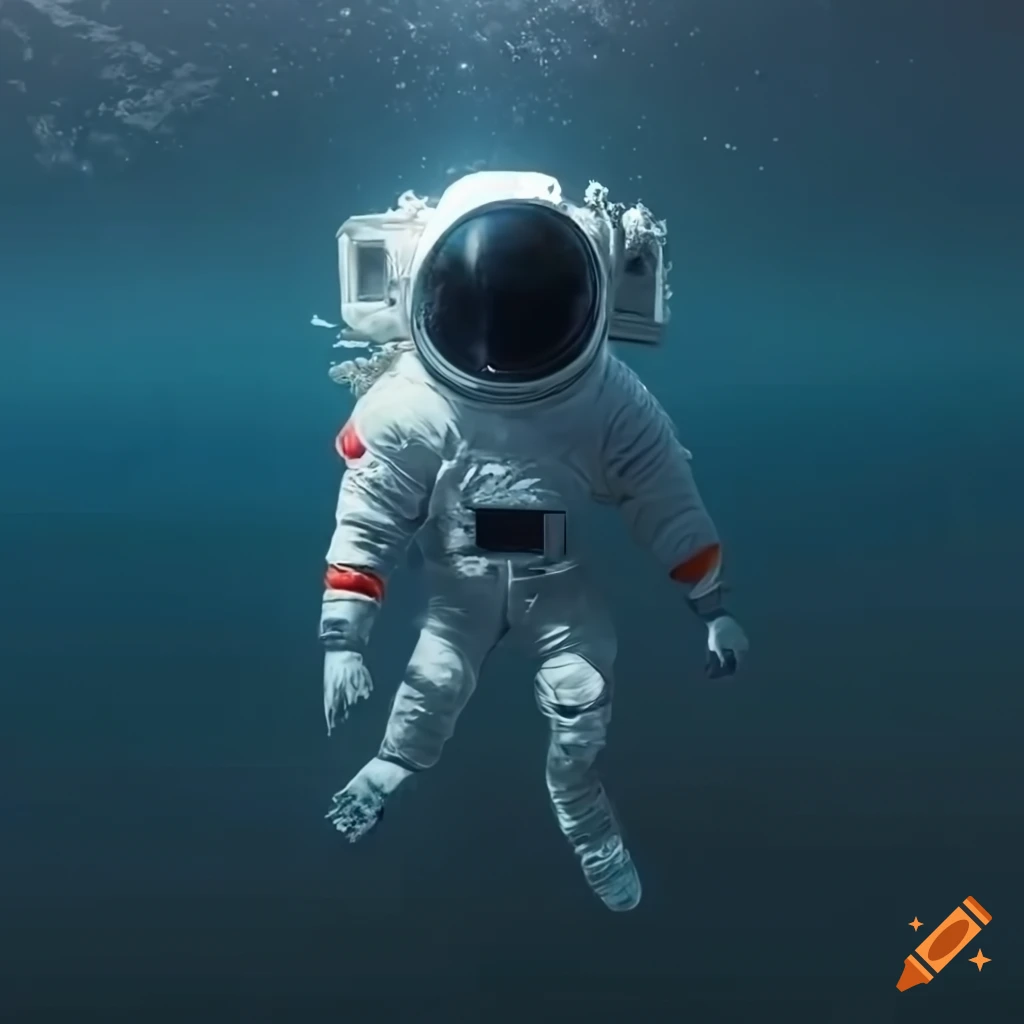 Astronaut swimming in moon ocean with mountains in the background