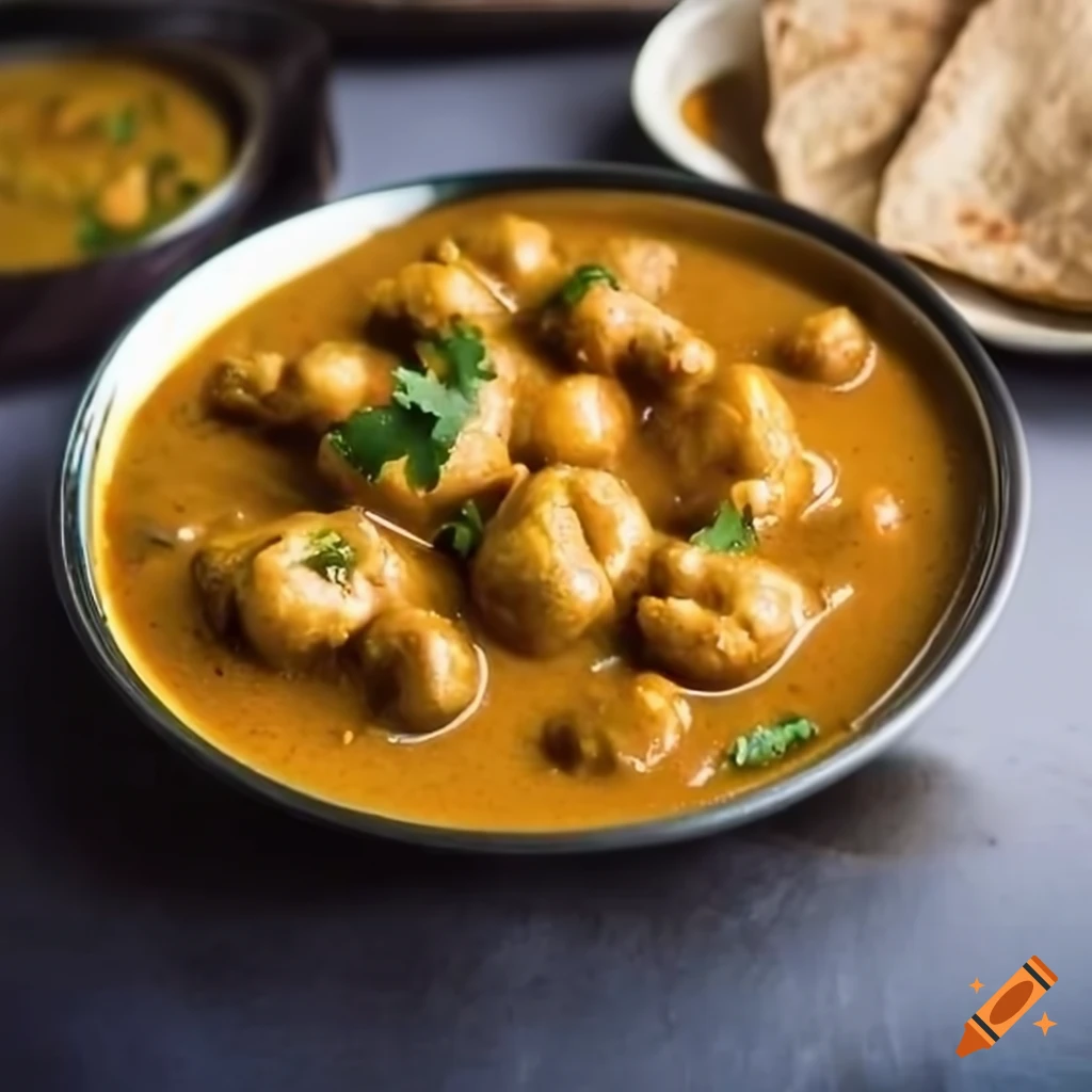 Indian style makhana curry with coriander topping and chapati in a restaurant kitchen