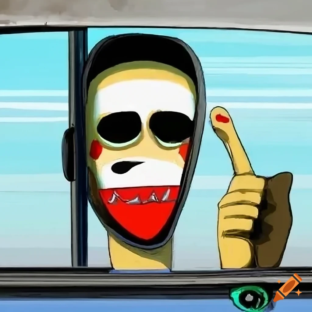 Anime man looking out of car window in African mask style in a colorful bizarre city with robots and aliens