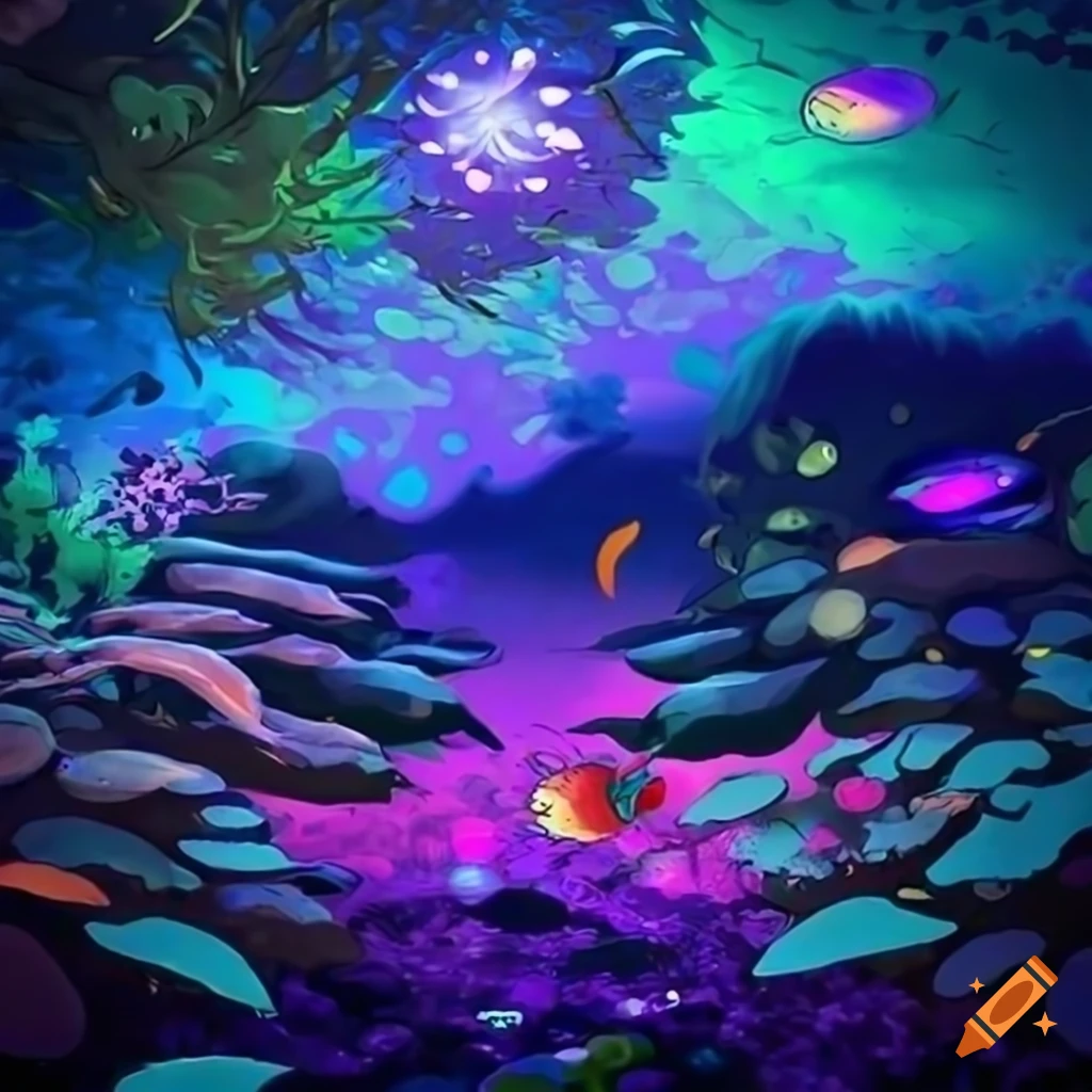 Anime nature wallpaper in 4K quality inspired by Hayao Miyazaki, depicting an underwater cosmic garden