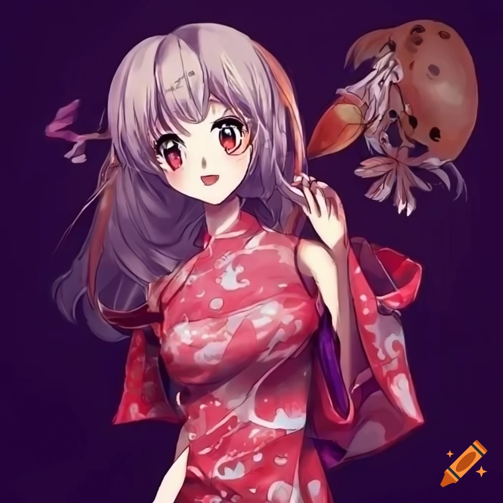 Crab wearing a qipao in Japanese anime style with colorful design