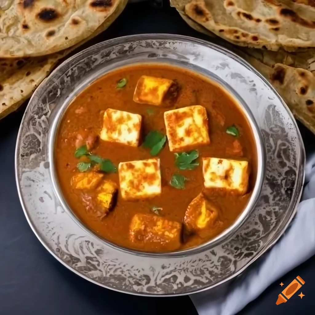 Delicious traditional Indian butter Paneer Masala curry with paratha in a restaurant kitchen