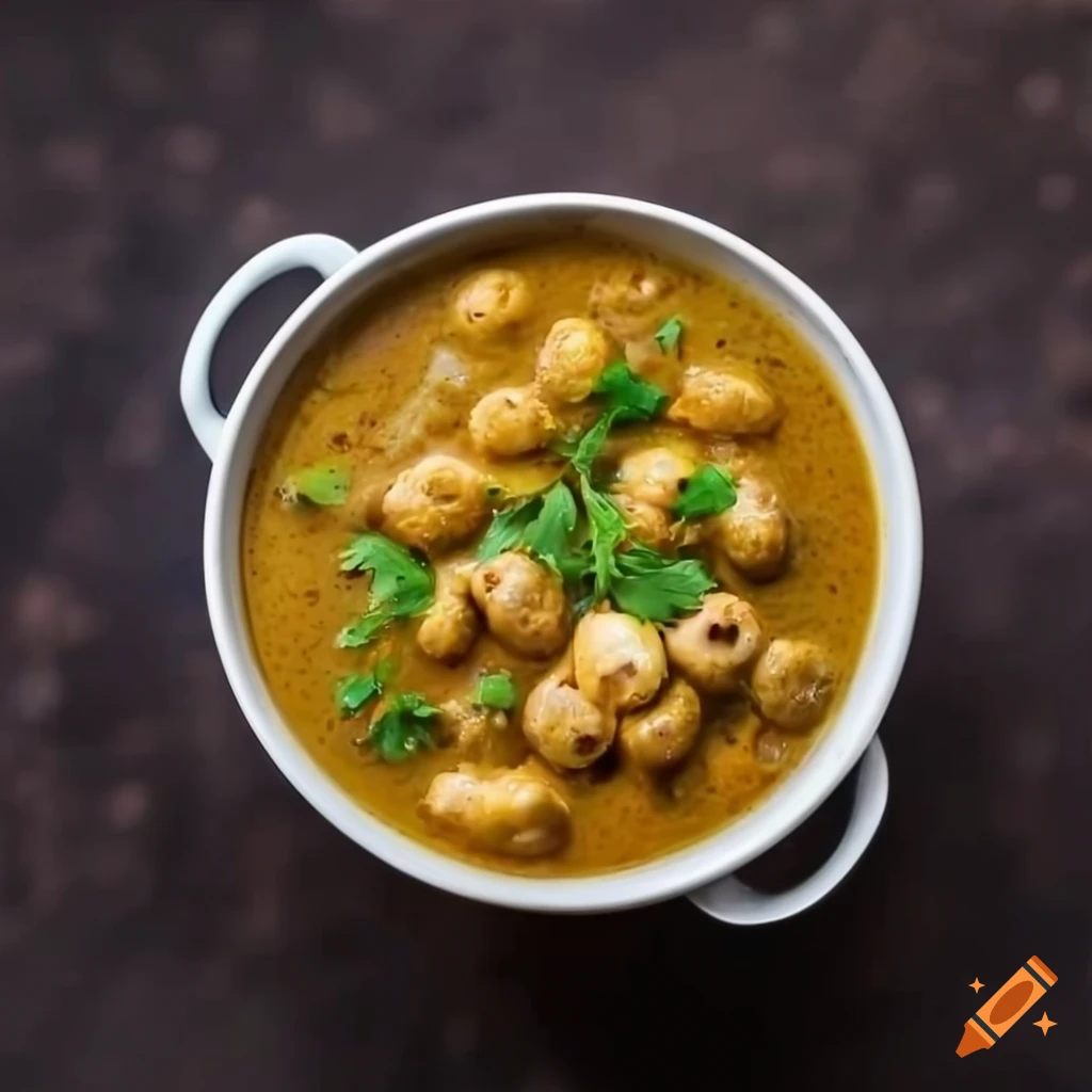 Indian style makhana curry with green coriander topping in a bowl on a restaurant table