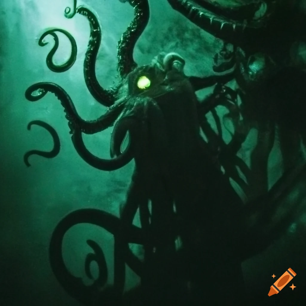 Lovecraftian monster with tentacles and luminous eyes in a hallway