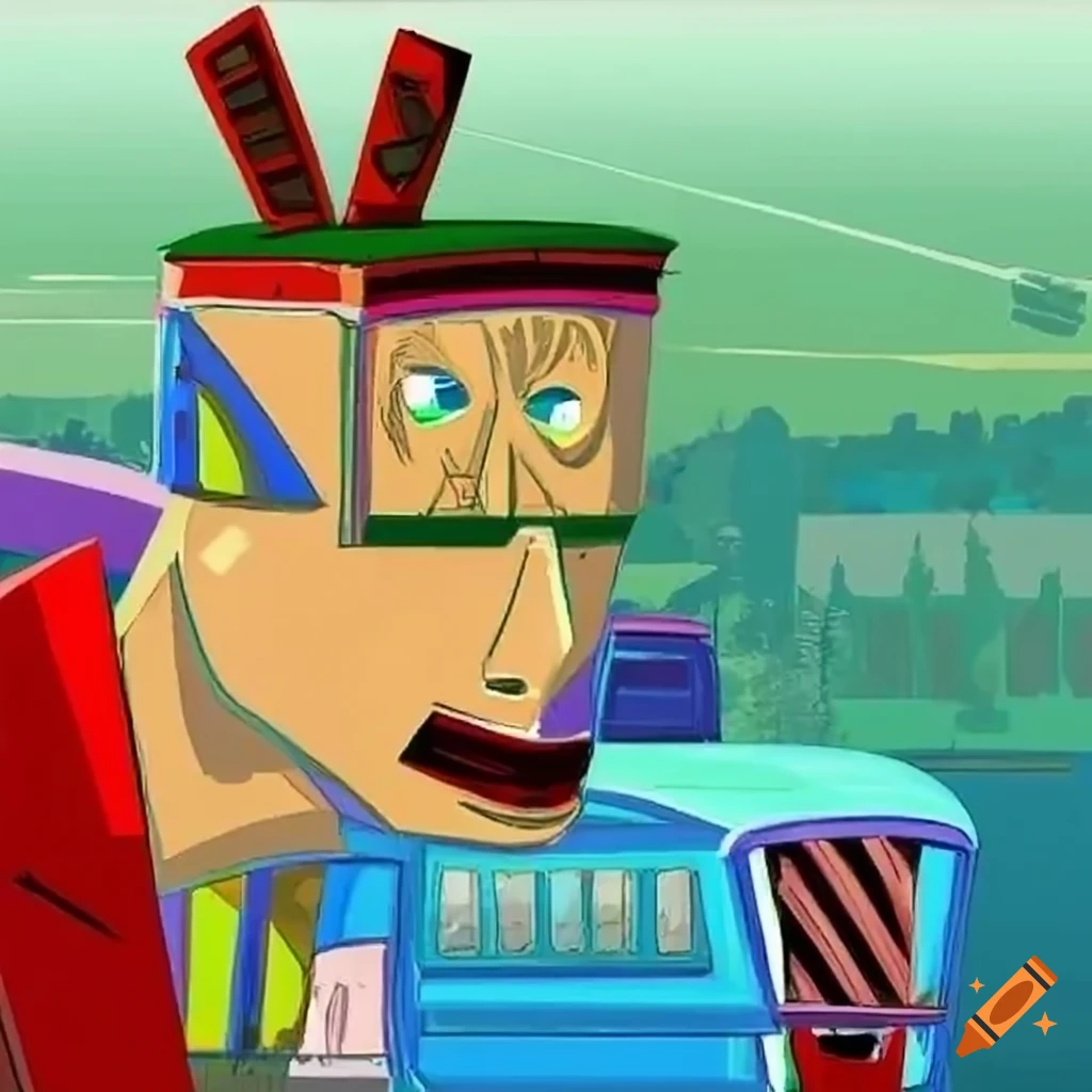 Anime man looking out of a car window in outsider art style with African mask and tarot influences