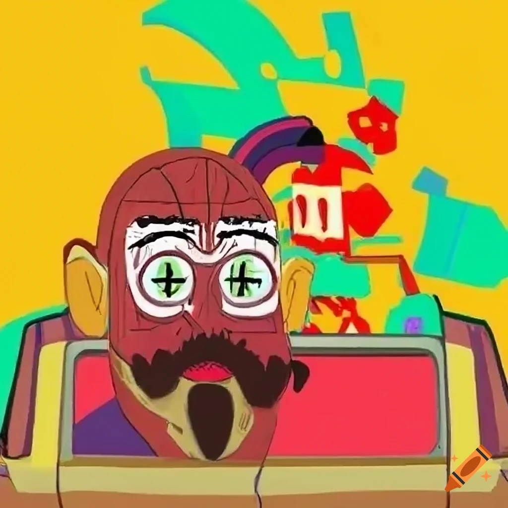 Anime man looking out of a car window in outsider art style with African mask and tarot elements