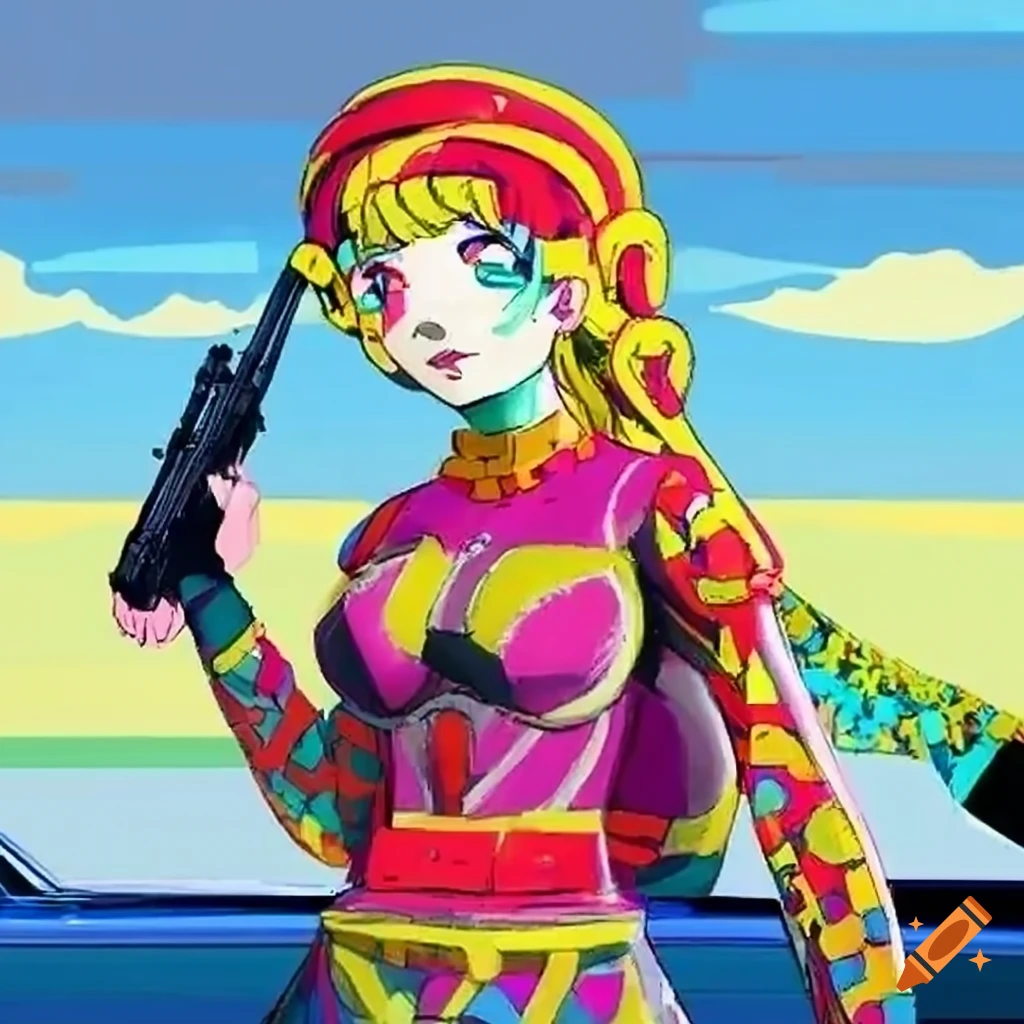 Anime girl with a large gun in a colorful city with robots and aliens