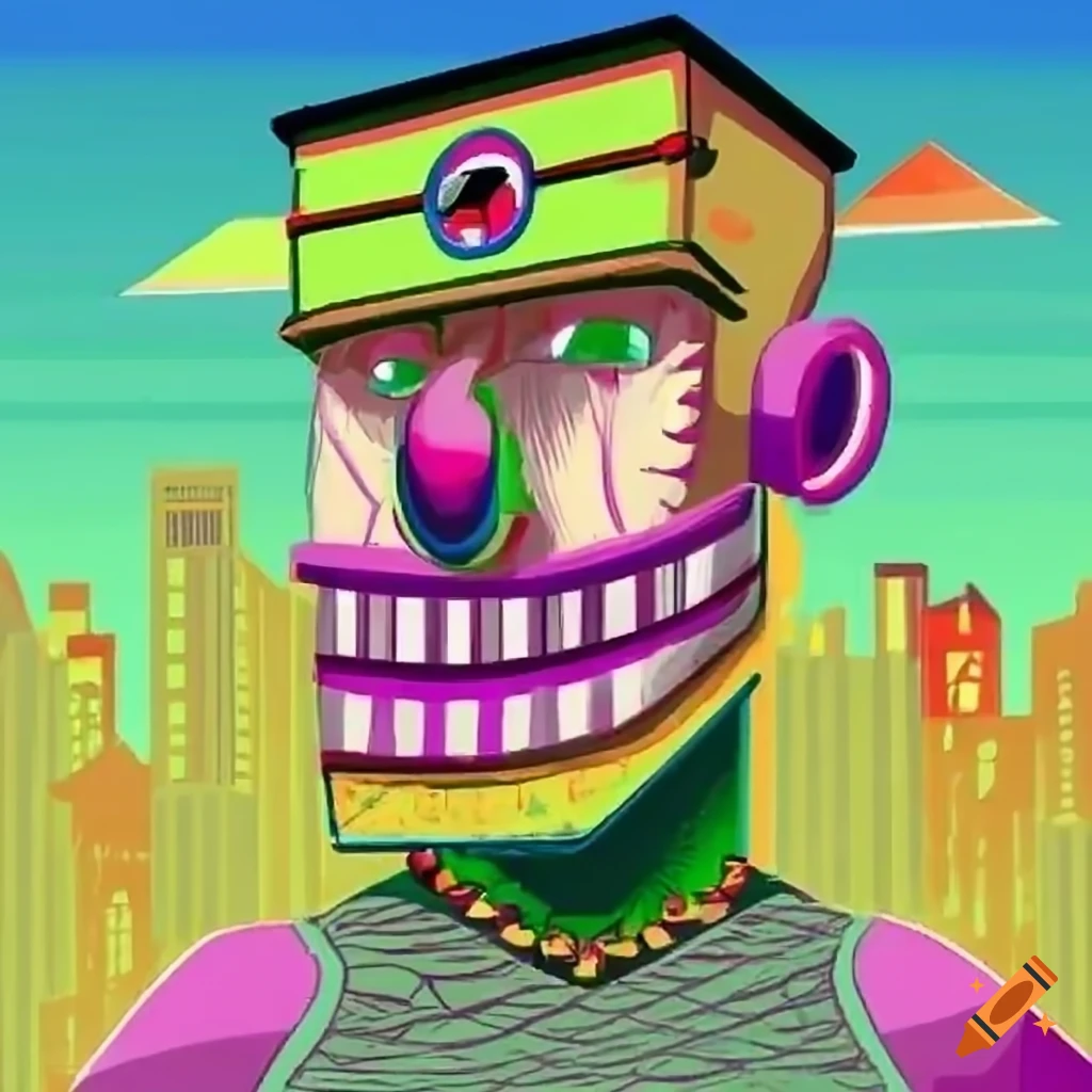 Anime man with quirky expression looking out of a car in colorful bizarre city