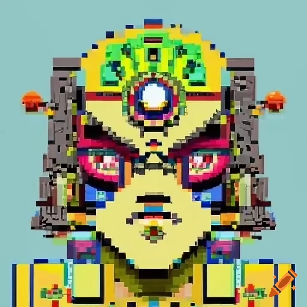 Tarot pixels with anime eyes in outsider and African mask style, colorful bizarre city with robots and aliens
