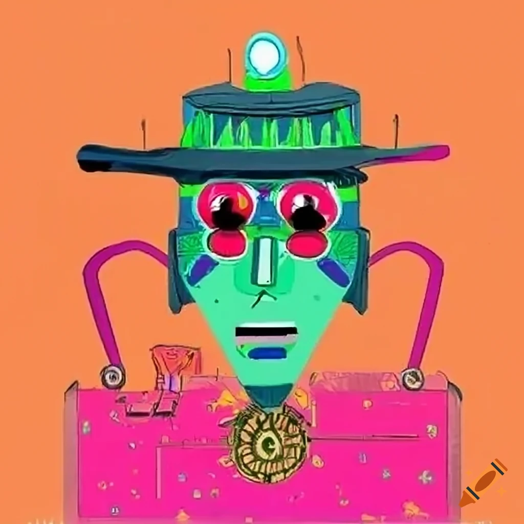 Anime man with quirky expression looking out of a car, African mask, anime city with robots and aliens
