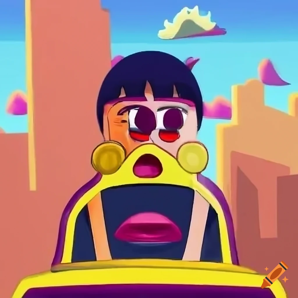 Anime man's quirky expression in colorful bizarre city with robots and aliens