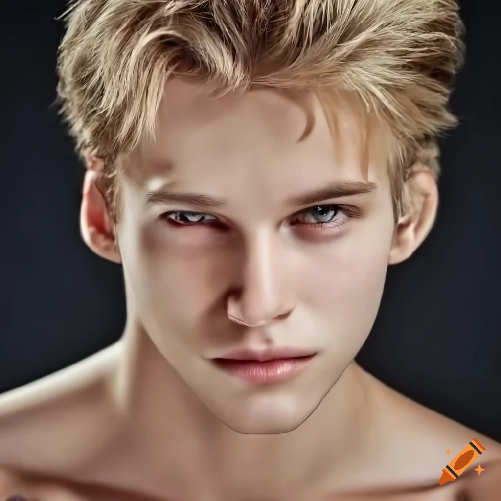 Close-up of a handsome young man with green eyes and dirty blond hair