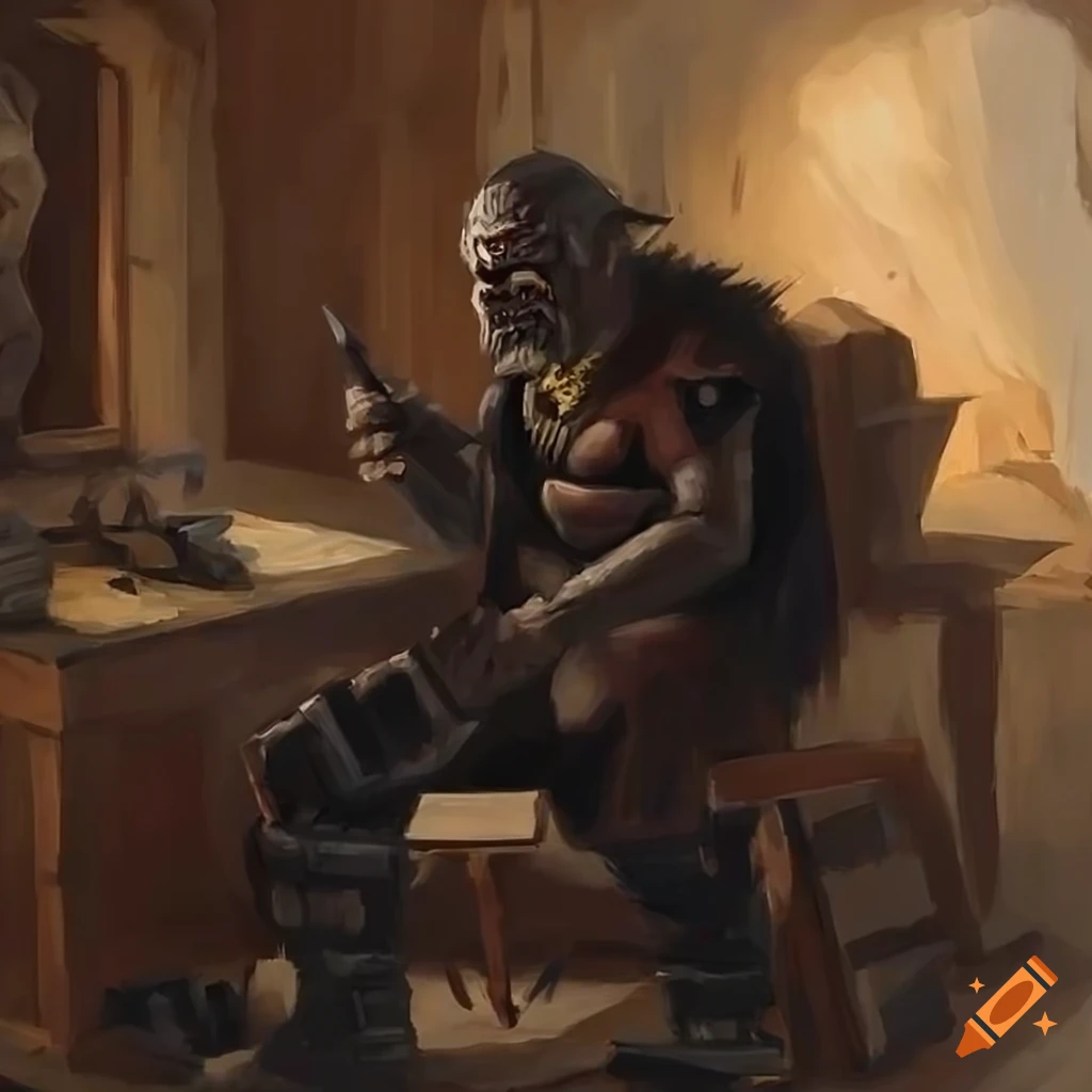 Elderly dark-skinned D&D-style orc writing in a wooden house surrounded by books and papers