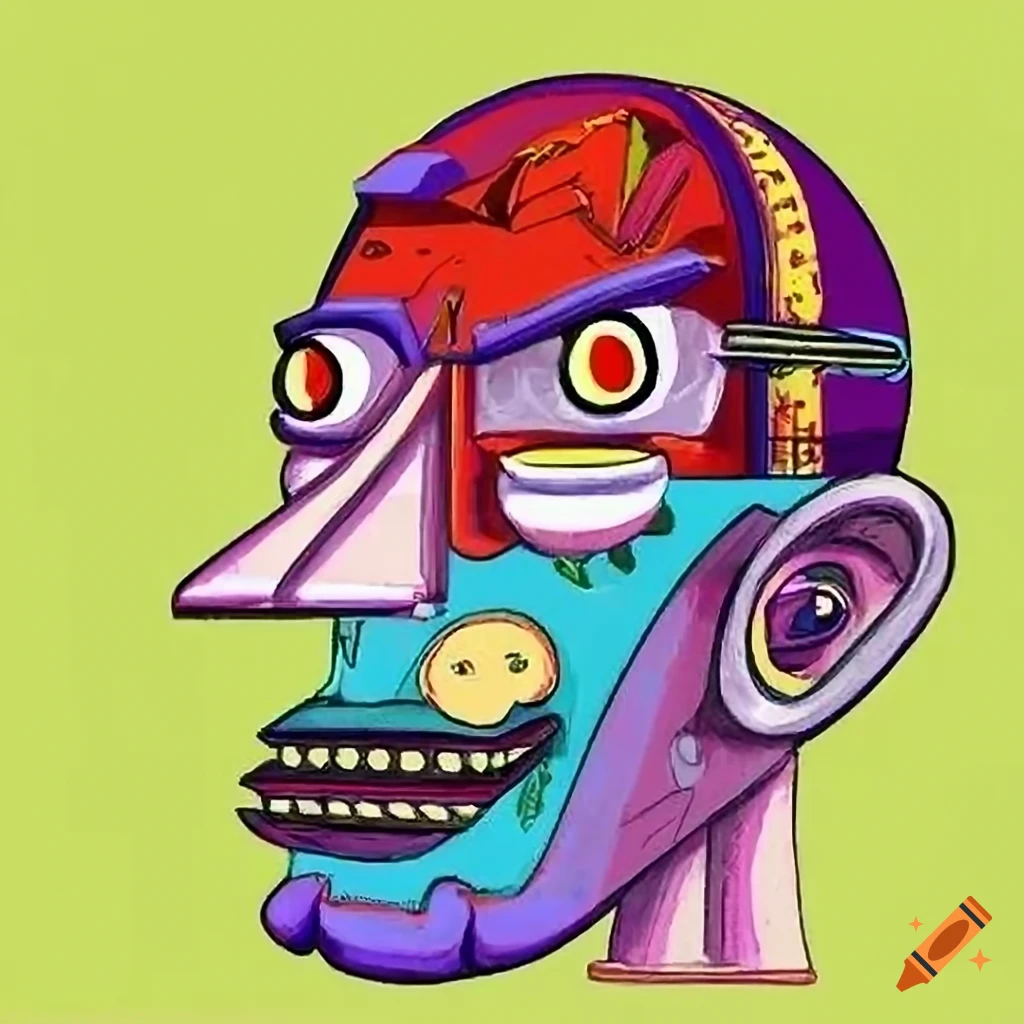 Anime man with quirky expression looking out of a car in colorful bizarre city