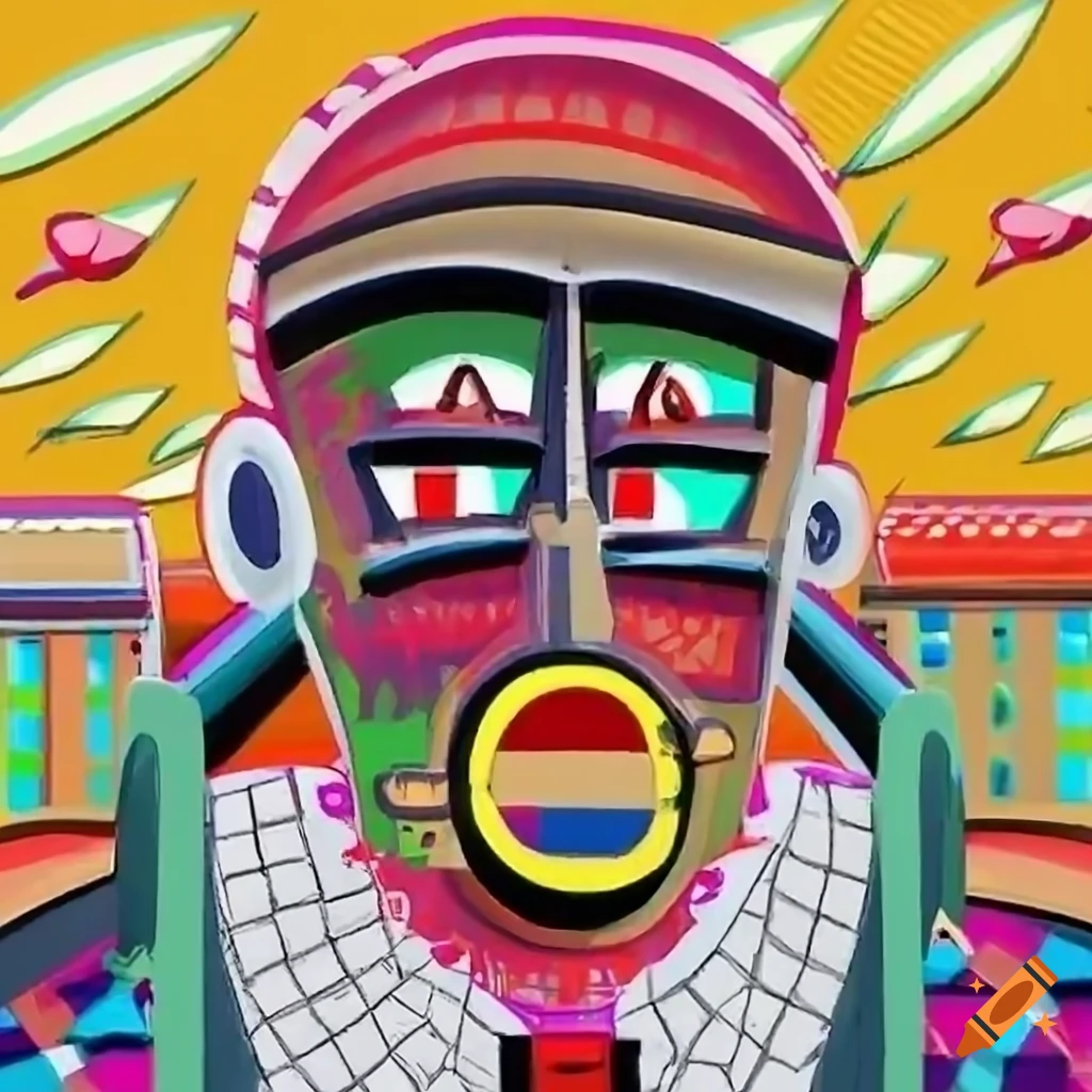 Anime man looking out of a car window in outsider art style