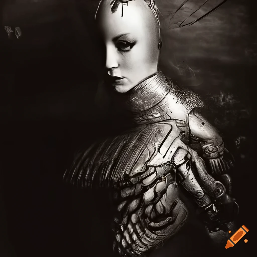 Surreal mezzotint of a cyborg monster and a lady in white futuristic armor at a dystopian landscape