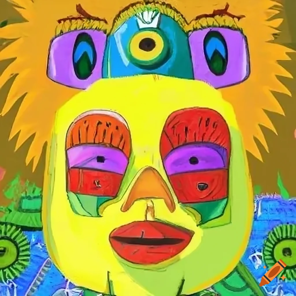 Sunflower in outsider art style with tarot and African mask influences
