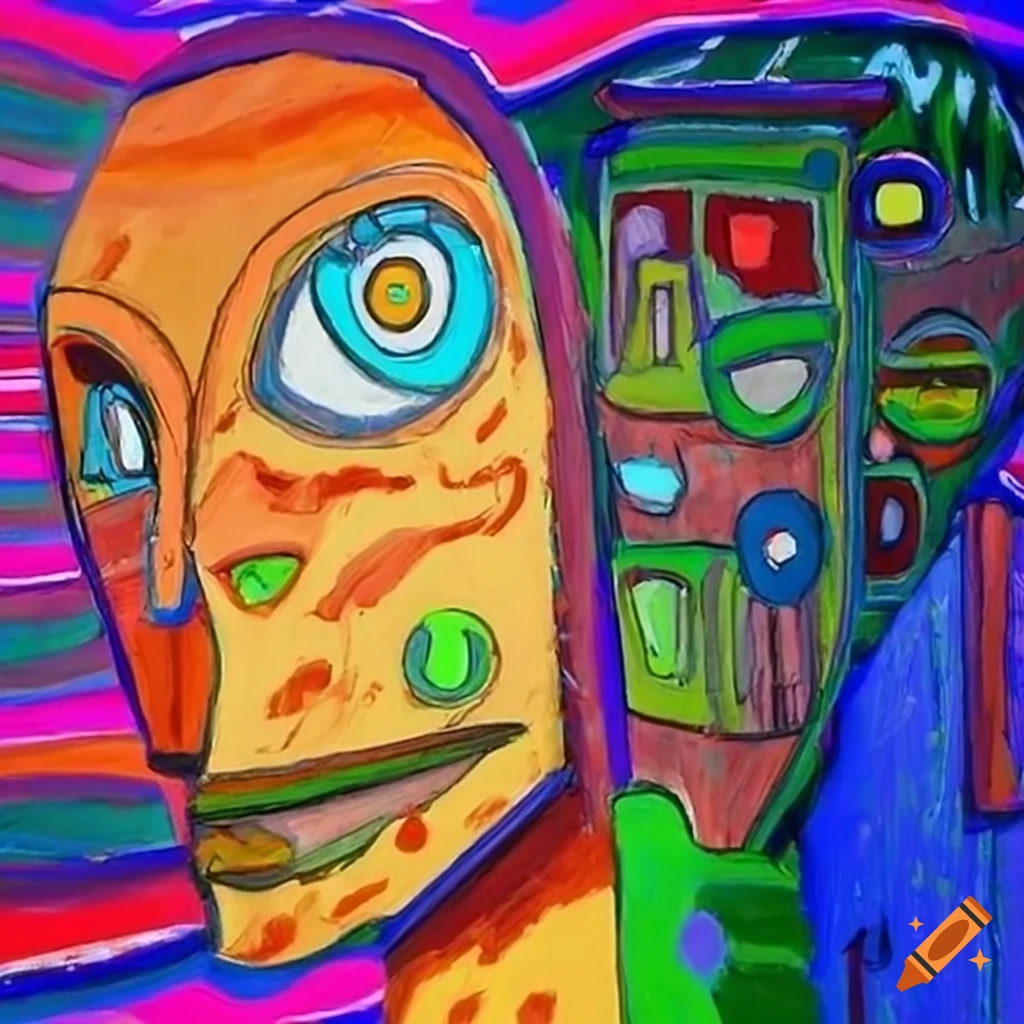 Anime style man looking out of car window in colorful room with robots and aliens