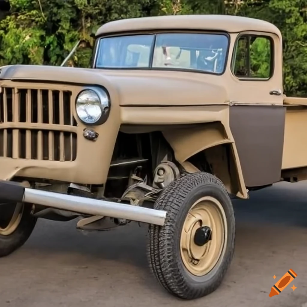 Brazilian Willys Rural 60's matte beige pickup with large tires and LED lantern