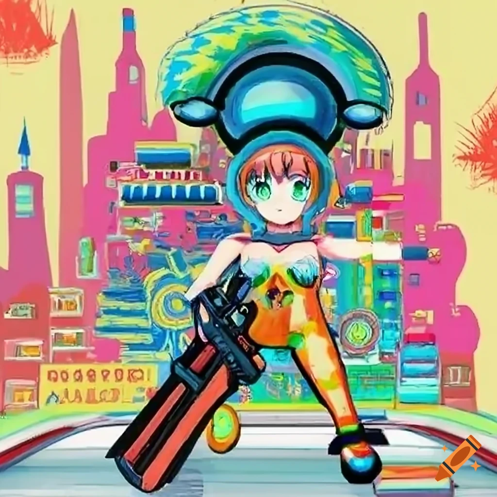 Anime girl with a large gun looking out of a car window in a colorful anime city with robots and aliens