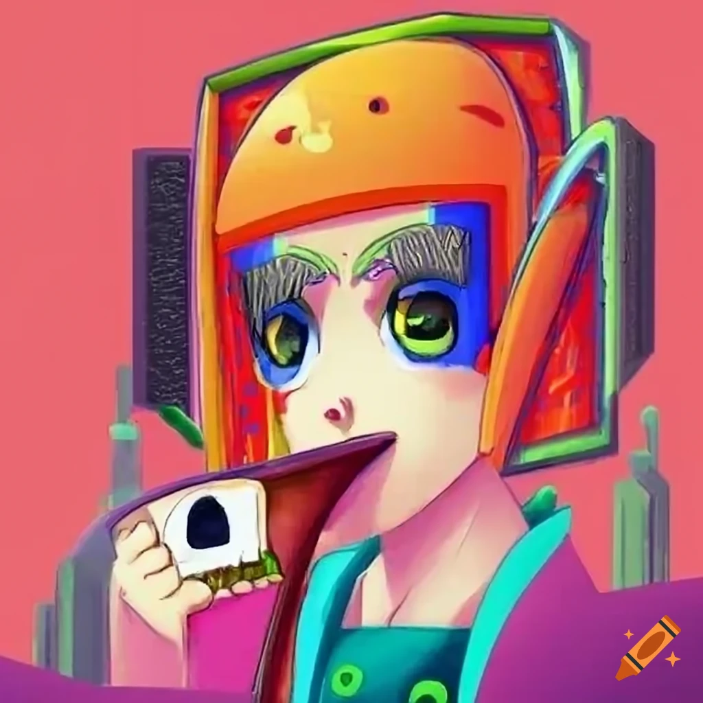 Anime girl with big eyes and cellphone looking out of car window in colorful city with robots